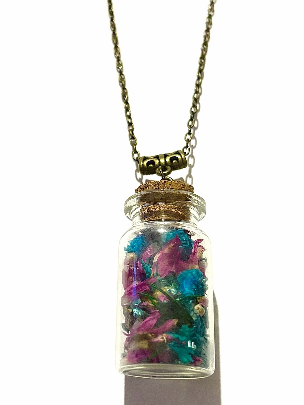 Multicolored Pressed Flower Glass Bottle Necklace